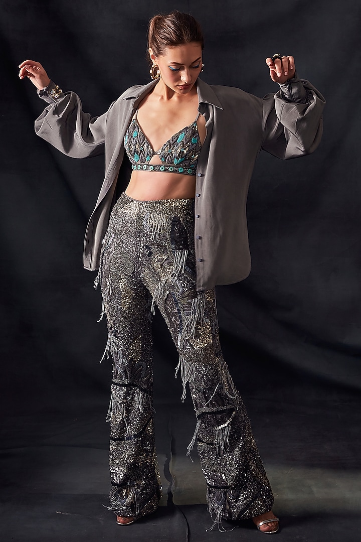 Grey Embroidered Bralette by Nikita Mhaisalkar at Pernia's Pop Up Shop