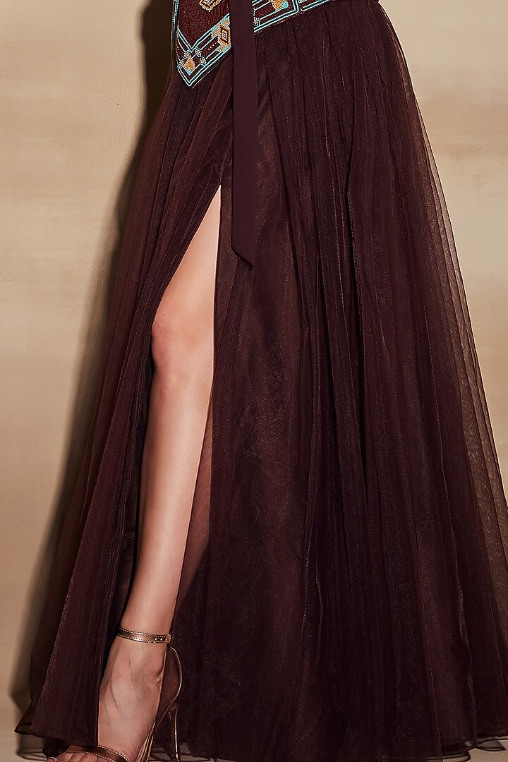 Chocolate Brown Tulle Maxi Skirt by Nikita Mhaisalkar at Pernia's Pop Up Shop
