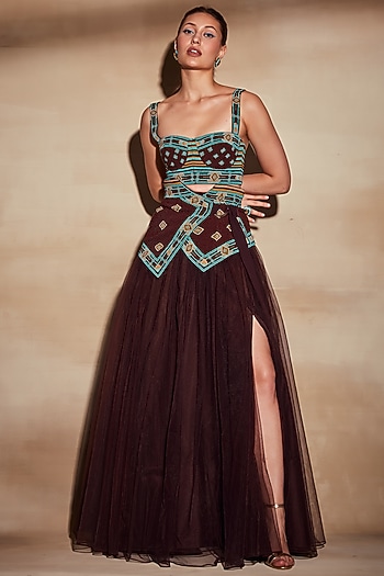 Chocolate Brown Embroidered Waist Belt by Nikita Mhaisalkar at Pernia's Pop Up Shop