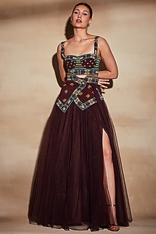 Chocolate Brown Embroidered Waist Belt by Nikita Mhaisalkar-NIKITA MHAISALKAR