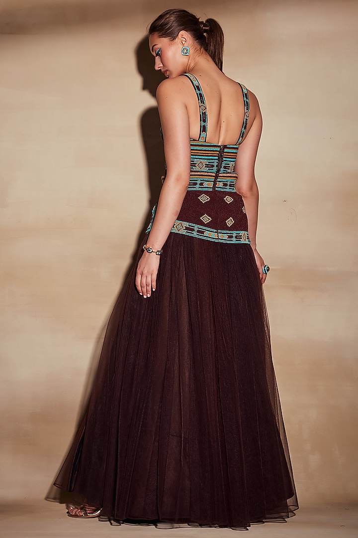 Chocolate Brown Embroidered Waist Belt by Nikita Mhaisalkar at Pernia's Pop Up Shop