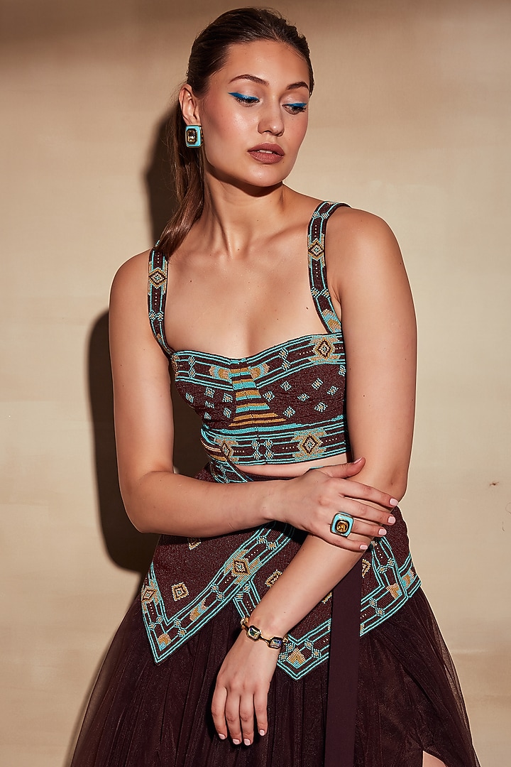 Chocolate Brown Embroidered Waist Belt by Nikita Mhaisalkar at Pernia's Pop Up Shop