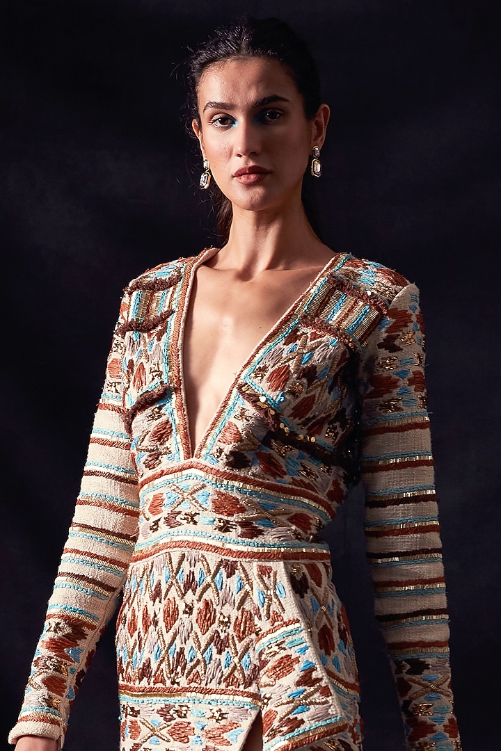 Off-White Embroidered Party Wear Dress by Nikita Mhaisalkar at Pernia's Pop Up Shop