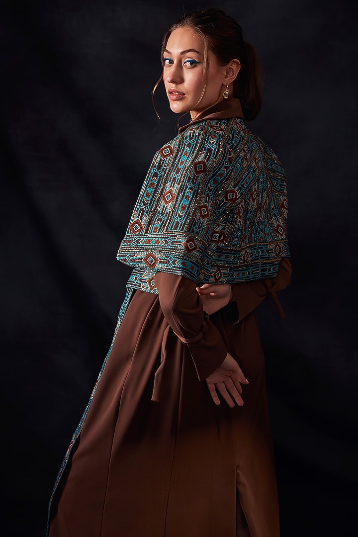 Dark Tan Embroidered Open Shoulder Jacket by Nikita Mhaisalkar at Pernia's Pop Up Shop
