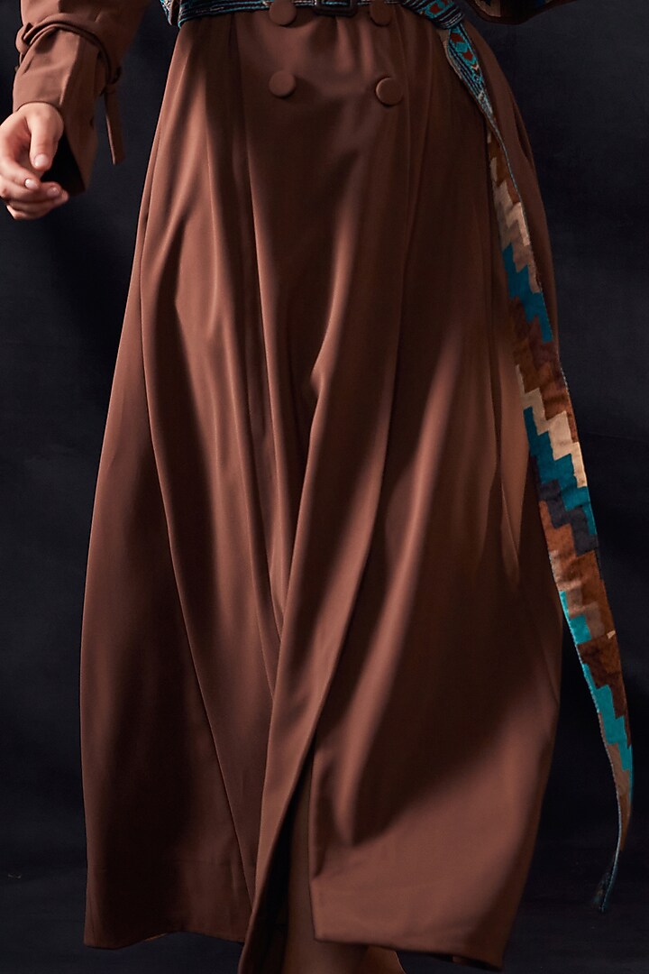 Dark Tan Embroidered Open Shoulder Jacket by Nikita Mhaisalkar at Pernia's Pop Up Shop