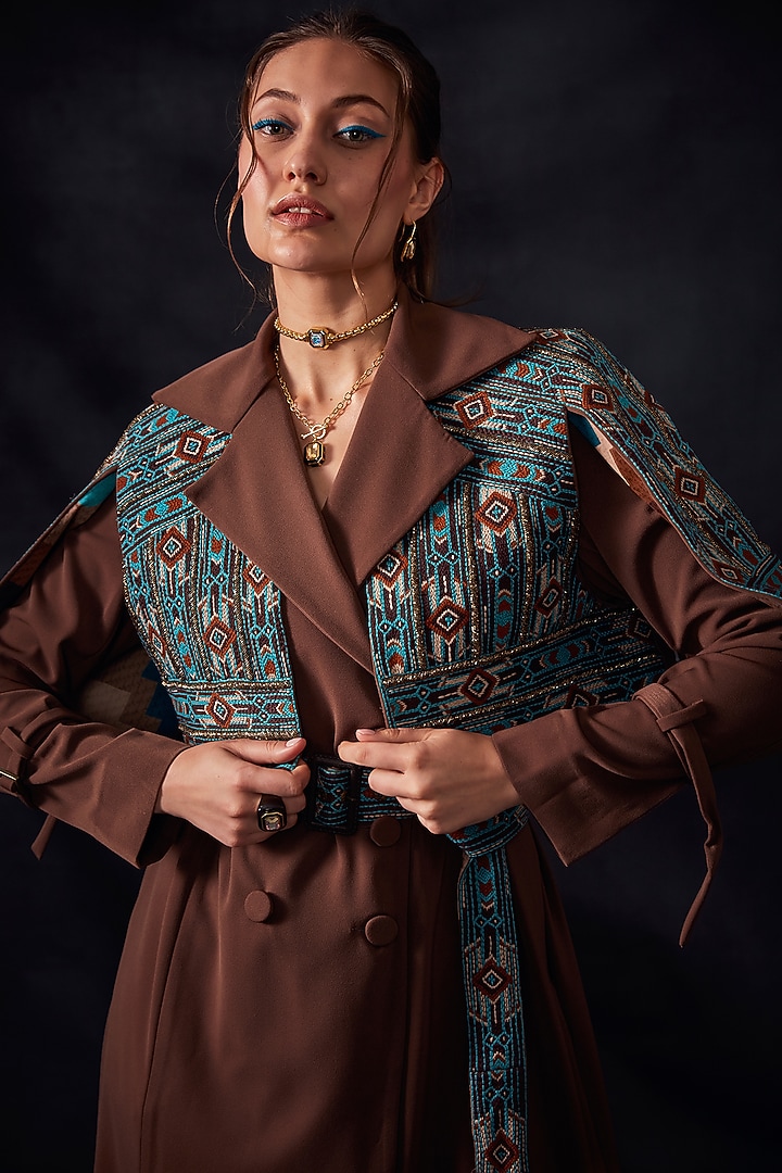Dark Tan Embroidered Open Shoulder Jacket by Nikita Mhaisalkar at Pernia's Pop Up Shop