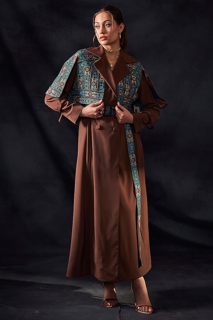 Dark Tan Embroidered Open Shoulder Jacket by Nikita Mhaisalkar at Pernia's Pop Up Shop