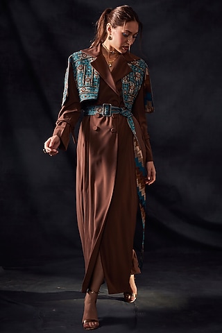 Dark Tan Luxe Suiting Trench Coat With Belt by Nikita Mhaisalkar