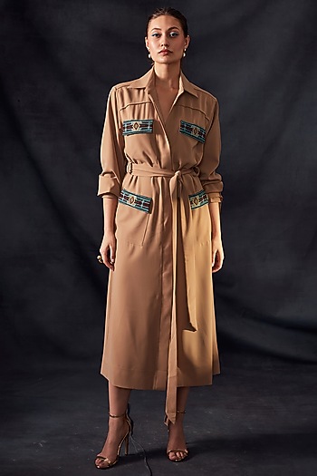 Beige Embroidered Midi Party Wear Dress With Belt by Nikita Mhaisalkar at Pernia's Pop Up Shop