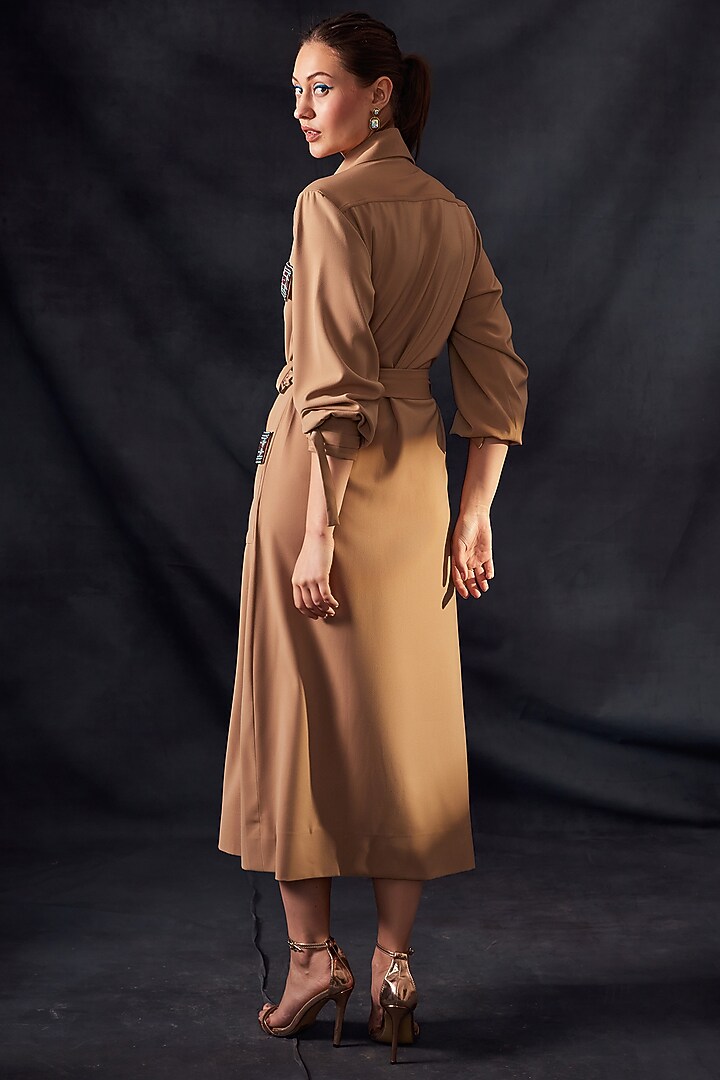 Beige Embroidered Midi Party Wear Dress With Belt by Nikita Mhaisalkar at Pernia's Pop Up Shop
