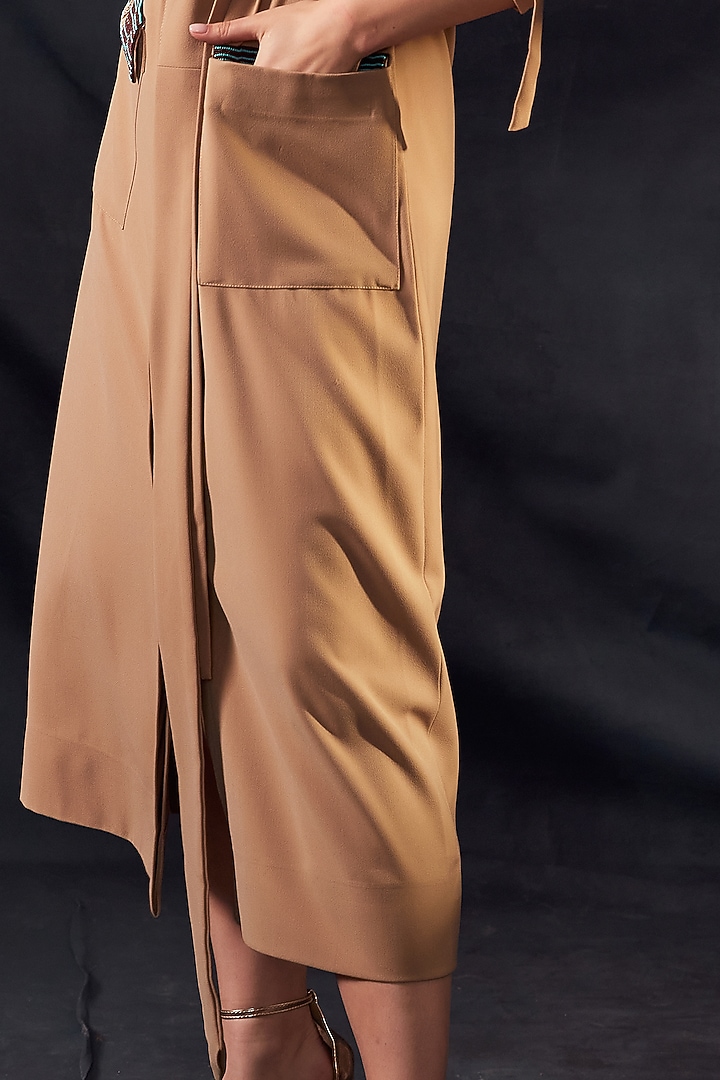 Beige Embroidered Midi Party Wear Dress With Belt by Nikita Mhaisalkar at Pernia's Pop Up Shop