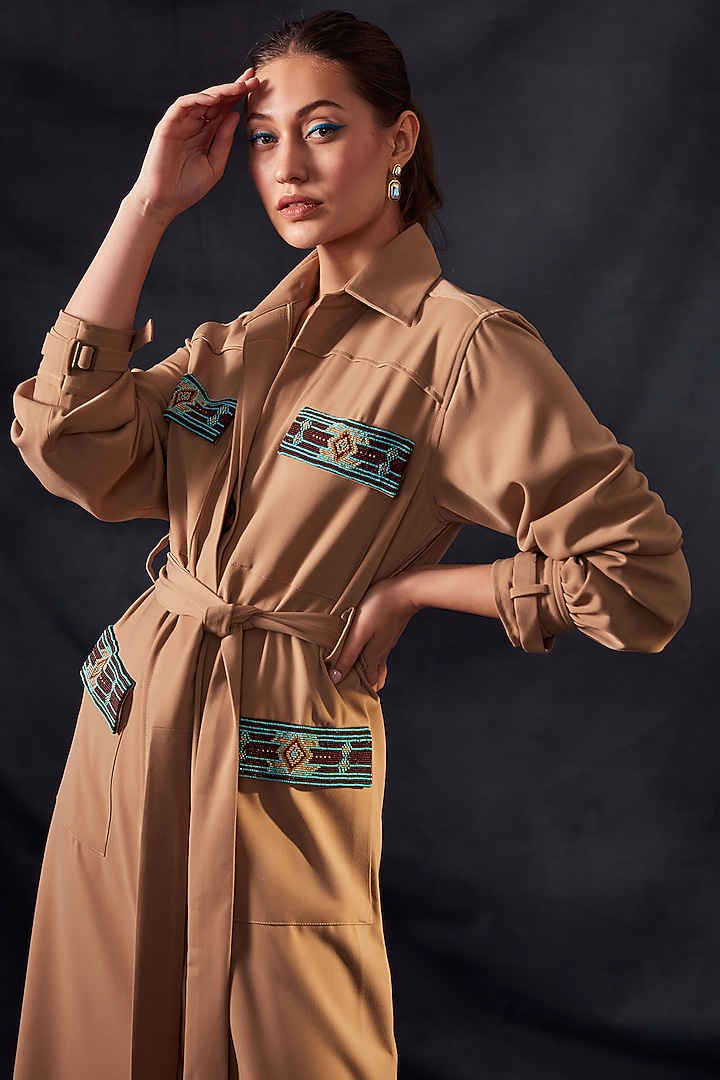 Beige Embroidered Midi Party Wear Dress With Belt by Nikita Mhaisalkar at Pernia's Pop Up Shop