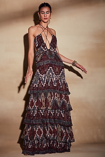 Multi-Colored Printed Maxi Party Wear Dress by Nikita Mhaisalkar at Pernia's Pop Up Shop