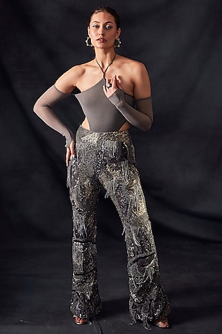Grey Lycra Tulle Bodysuit by Nikita Mhaisalkar