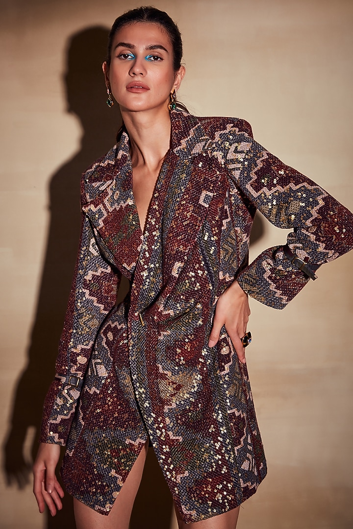Merlot Tapis Printed Mini Party Wear Dress by Nikita Mhaisalkar at Pernia's Pop Up Shop