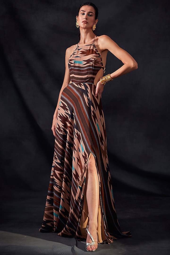Multi-Colored Silk Satin Maxi Dress by Nikita Mhaisalkar