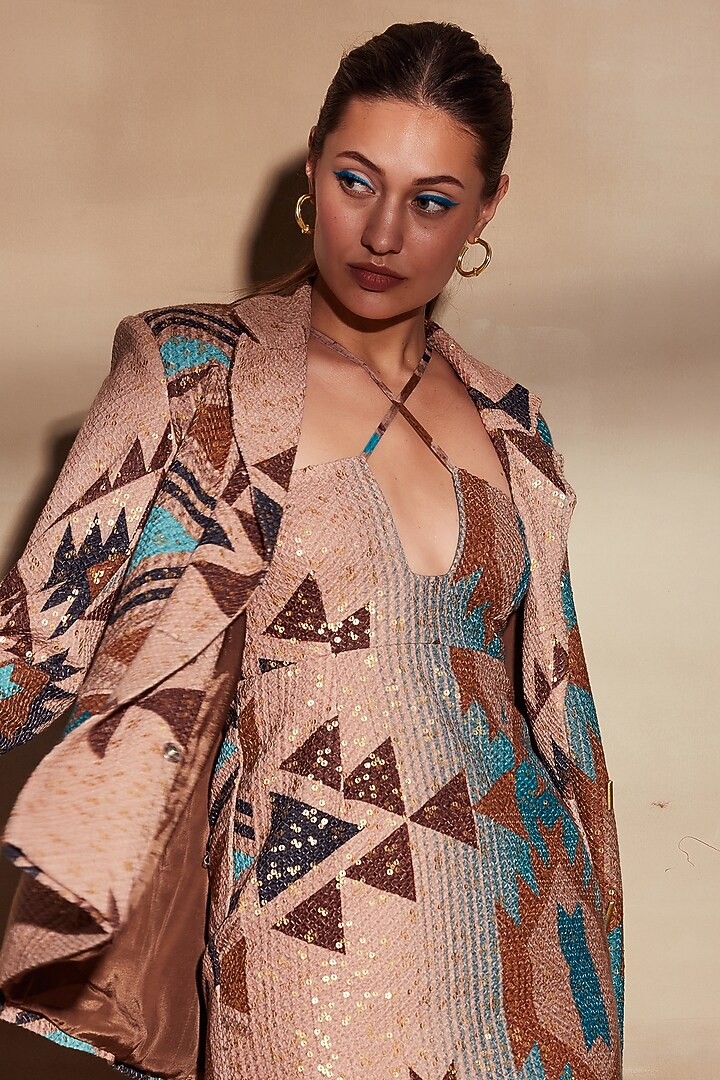 Turquoise Tapis Pure Georgette Blazer by Nikita Mhaisalkar at Pernia's Pop Up Shop