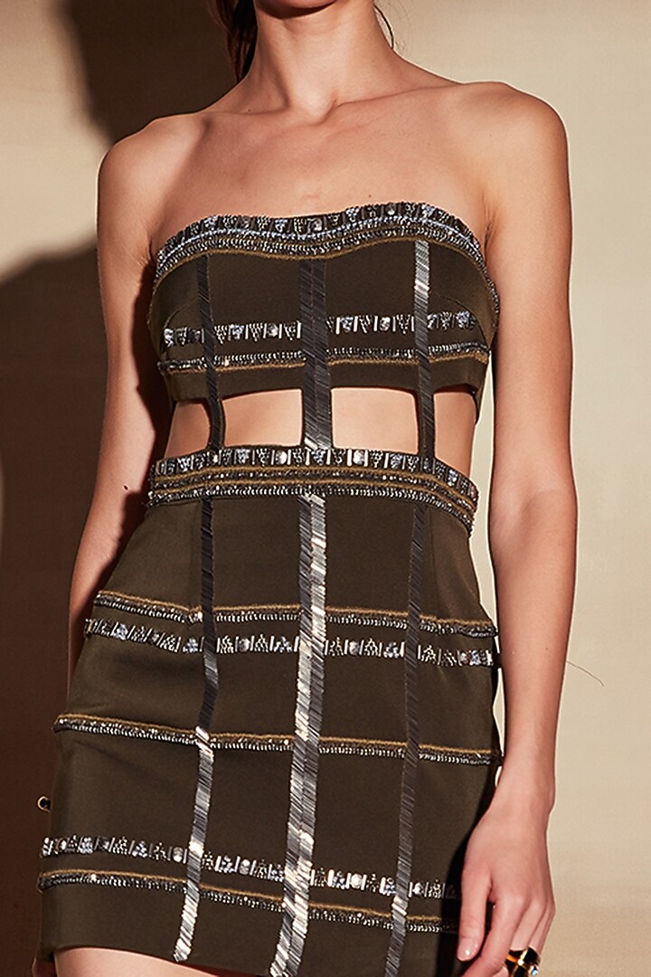 Olive Green Embroidered Mini Party Wear Dress by Nikita Mhaisalkar at Pernia's Pop Up Shop