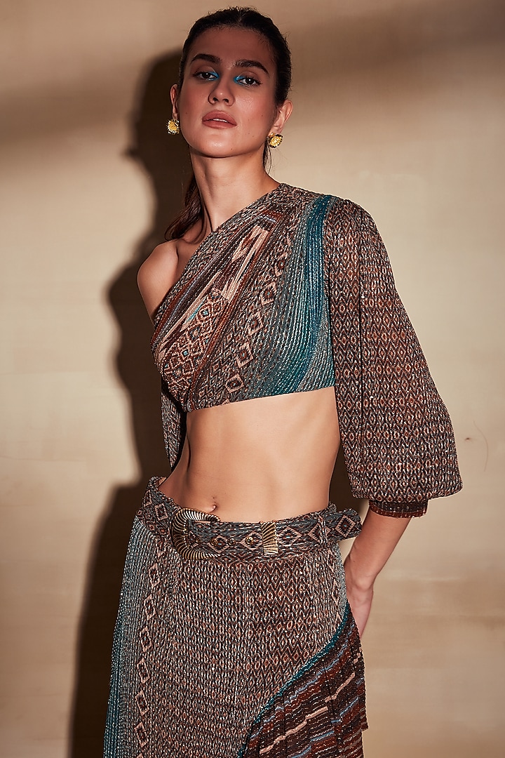 Tan One Shoulder Printed Top by Nikita Mhaisalkar