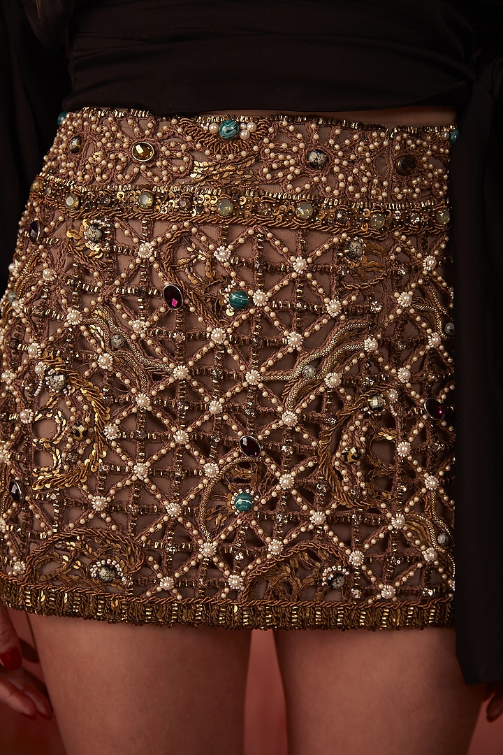 Gold Tulle Cutwork Embroidered Mini Skirt by Nikita Mhaisalkar at Pernia's Pop Up Shop