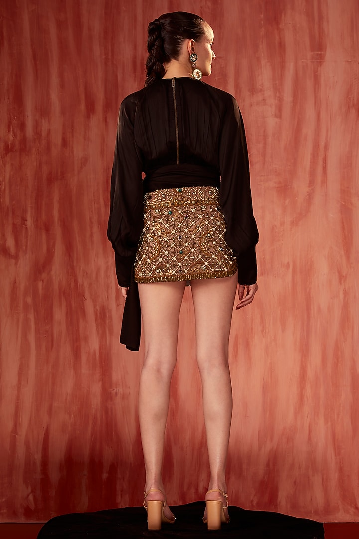 Gold Tulle Cutwork Embroidered Mini Skirt by Nikita Mhaisalkar at Pernia's Pop Up Shop