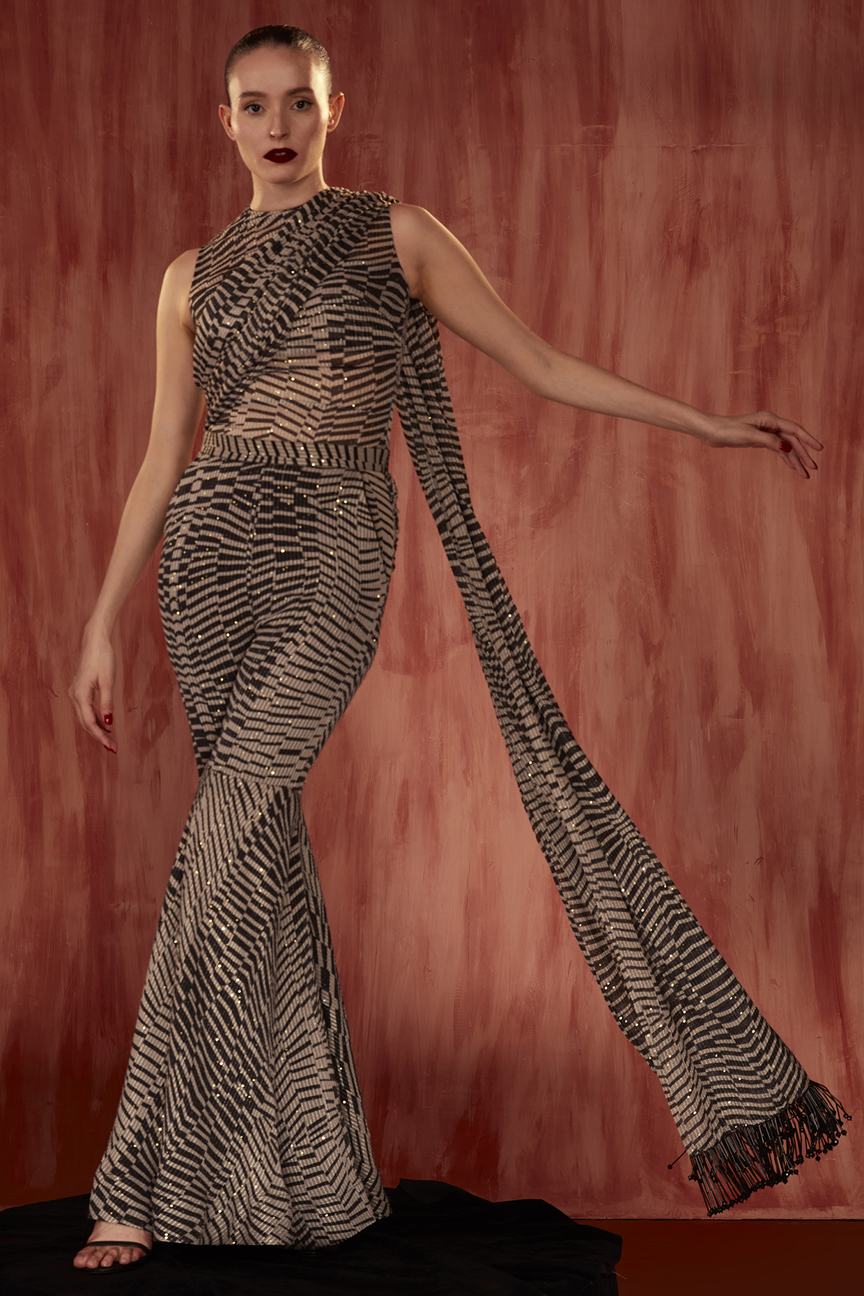 Black & White Sequins Pure Georgette Digital Printed Pant Wedding Saree Set by Nikita Mhaisalkar at Pernia's Pop Up Shop
