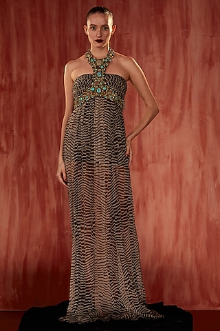 Black & White Crinkle Pure Chiffon Digital Printed Halter Maxi Dress by Nikita Mhaisalkar