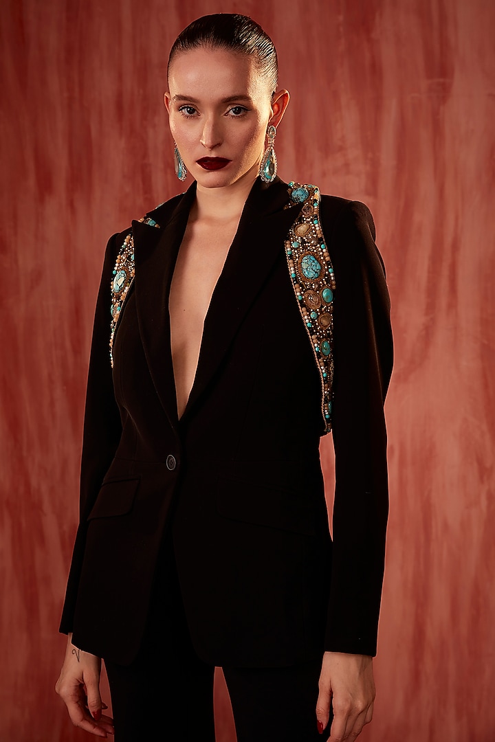 Black Luxe Suiting Jewelled Hand Embroidered Blazer Set by Nikita Mhaisalkar at Pernia's Pop Up Shop