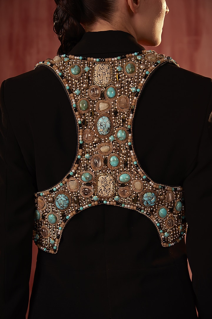 Black Luxe Suiting Jewelled Hand Embroidered Blazer Set by Nikita Mhaisalkar at Pernia's Pop Up Shop