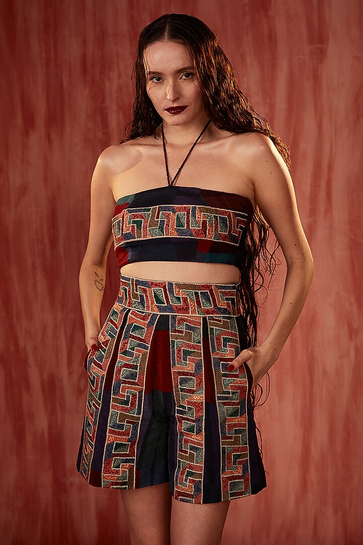Multi-Colored Silk Crepe Thread Embroidered Shorts by Nikita Mhaisalkar at Pernia's Pop Up Shop