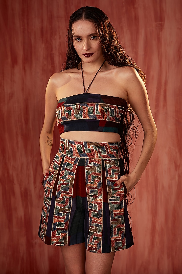 Multi-Colored Silk Crepe Thread Embroidered Crop Top by Nikita Mhaisalkar