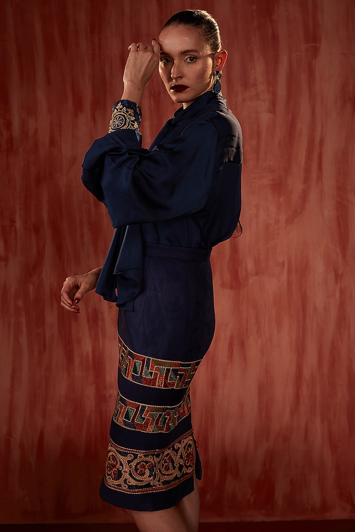 Navy Blue Silk Satin Bow-Tie Top by Nikita Mhaisalkar at Pernia's Pop Up Shop