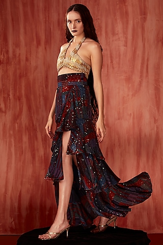 Multi-Colored Sequins Pure Georgette Digital Printed Ruffled Maxi Skirt by Nikita Mhaisalkar