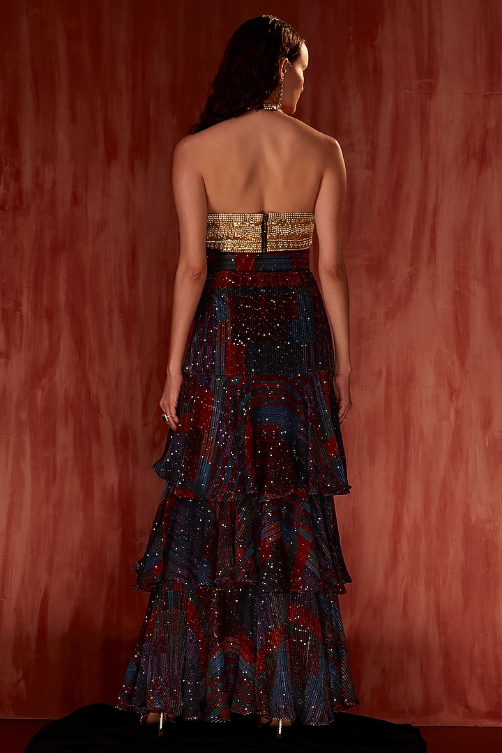 Multi-Colored Sequins Pure Georgette Digital Printed Ruffled Maxi Skirt by Nikita Mhaisalkar at Pernia's Pop Up Shop