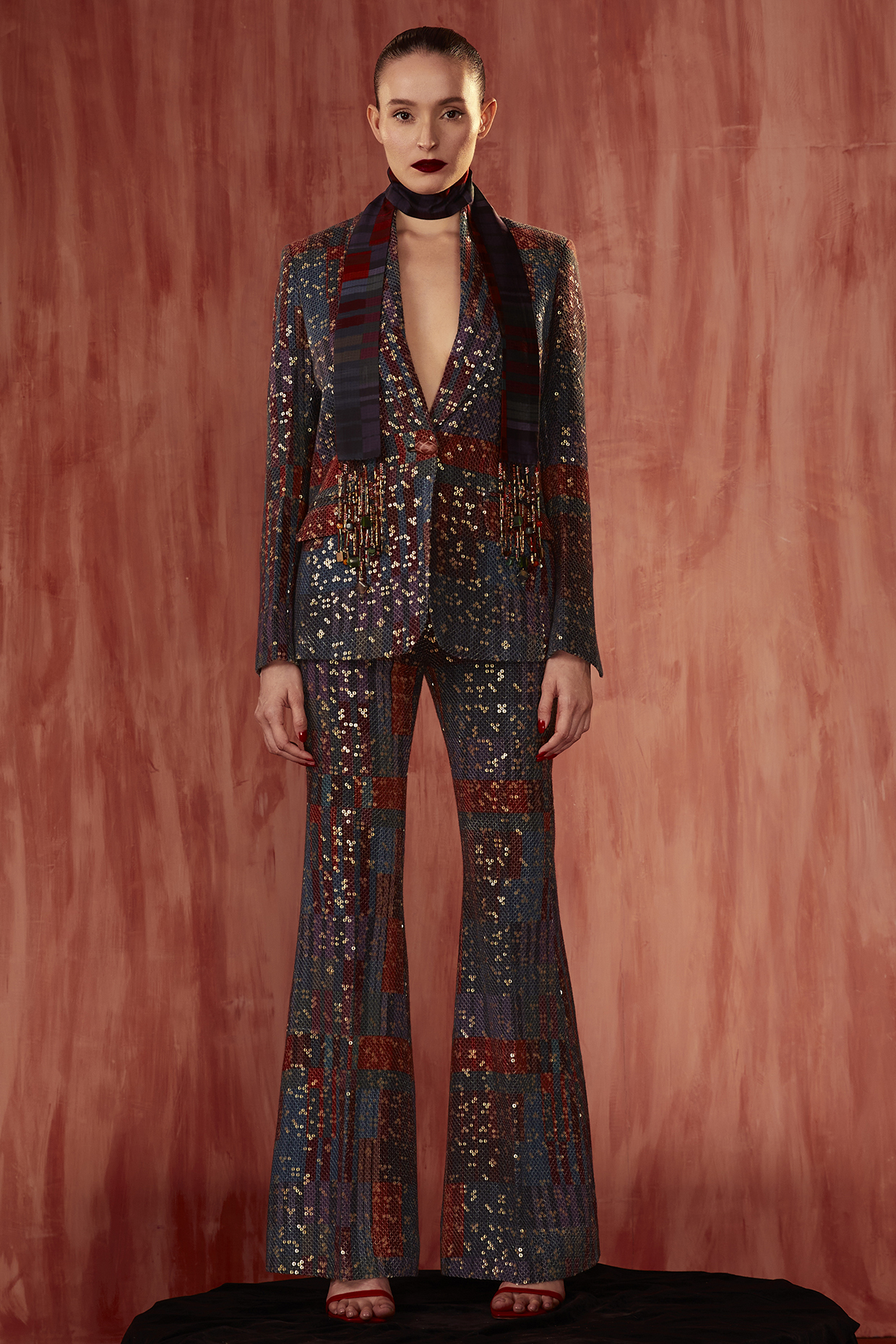 Multi-Colored Sheeted Pure Georgette Digital Printed Blazer Set by Nikita Mhaisalkar