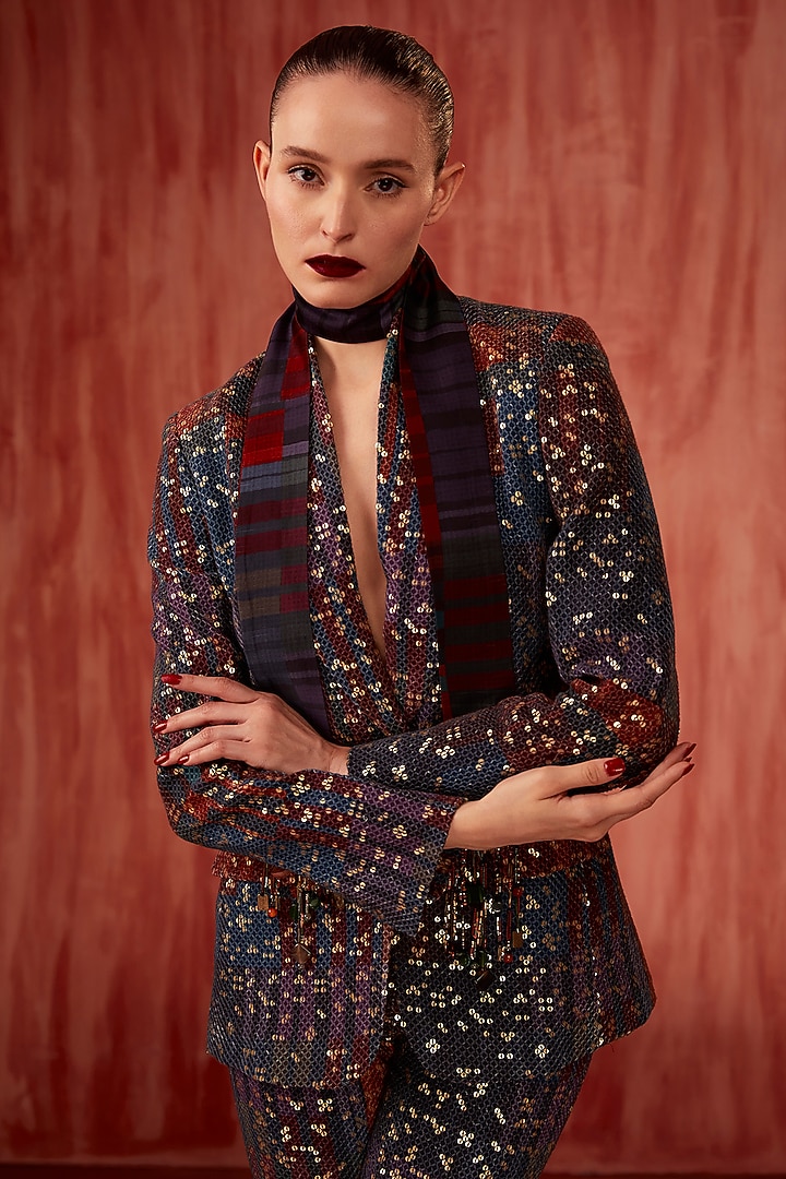 Multi-Colored Sheeted Pure Georgette Digital Printed Blazer Set by Nikita Mhaisalkar at Pernia's Pop Up Shop