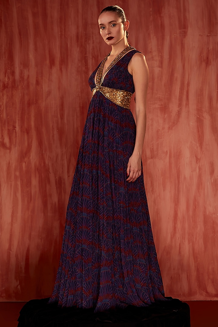 Multi-Colored Georgette Digital Printed & Hand Embroidered Maxi Party Wear Dress by Nikita Mhaisalkar at Pernia's Pop Up Shop