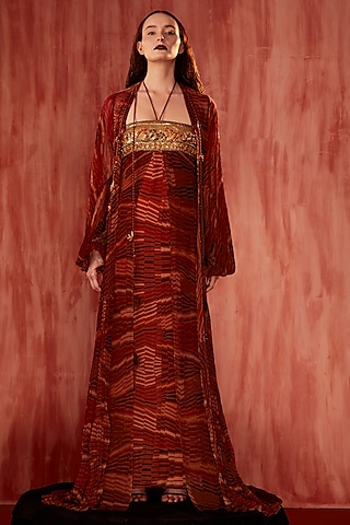 Red Crinkle Pure Chiffon Digital Printed Halter Maxi Dress by Nikita Mhaisalkar