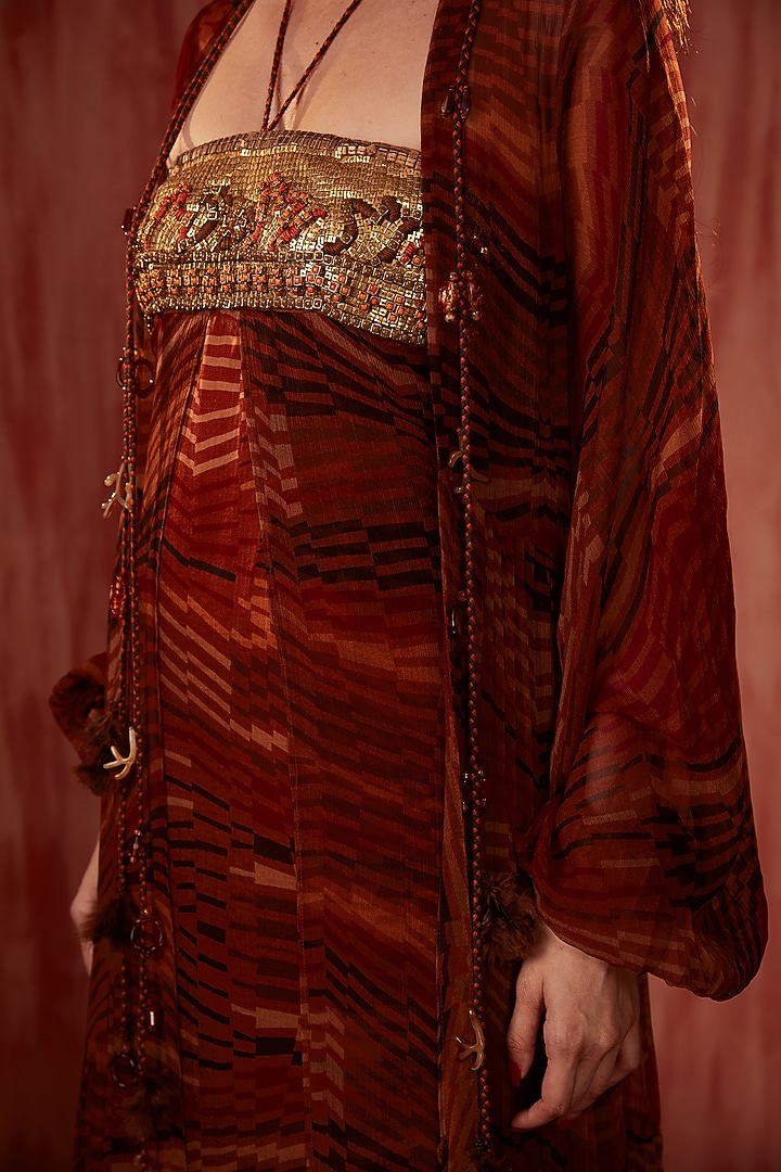 Red Crinkle Pure Chiffon Digital Printed Halter Maxi Cocktail Dress by Nikita Mhaisalkar at Pernia's Pop Up Shop