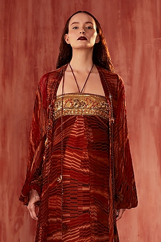 Red Crinkle Pure Chiffon Digital Printed Jacket by Nikita Mhaisalkar