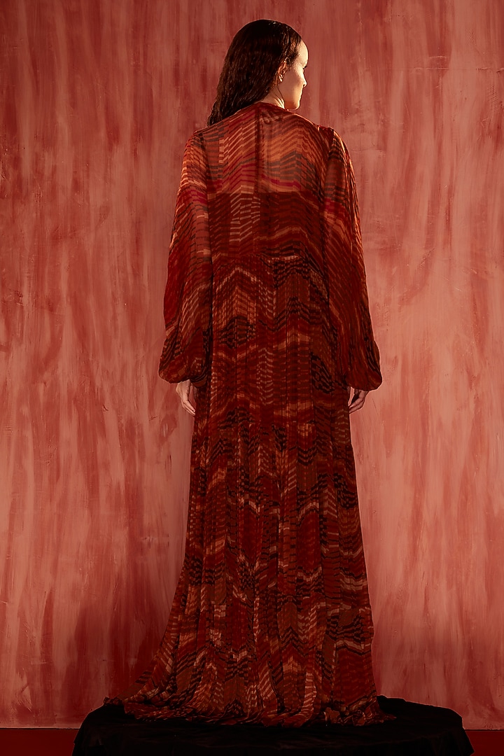 Red Crinkle Pure Chiffon Digital Printed Jacket by Nikita Mhaisalkar at Pernia's Pop Up Shop