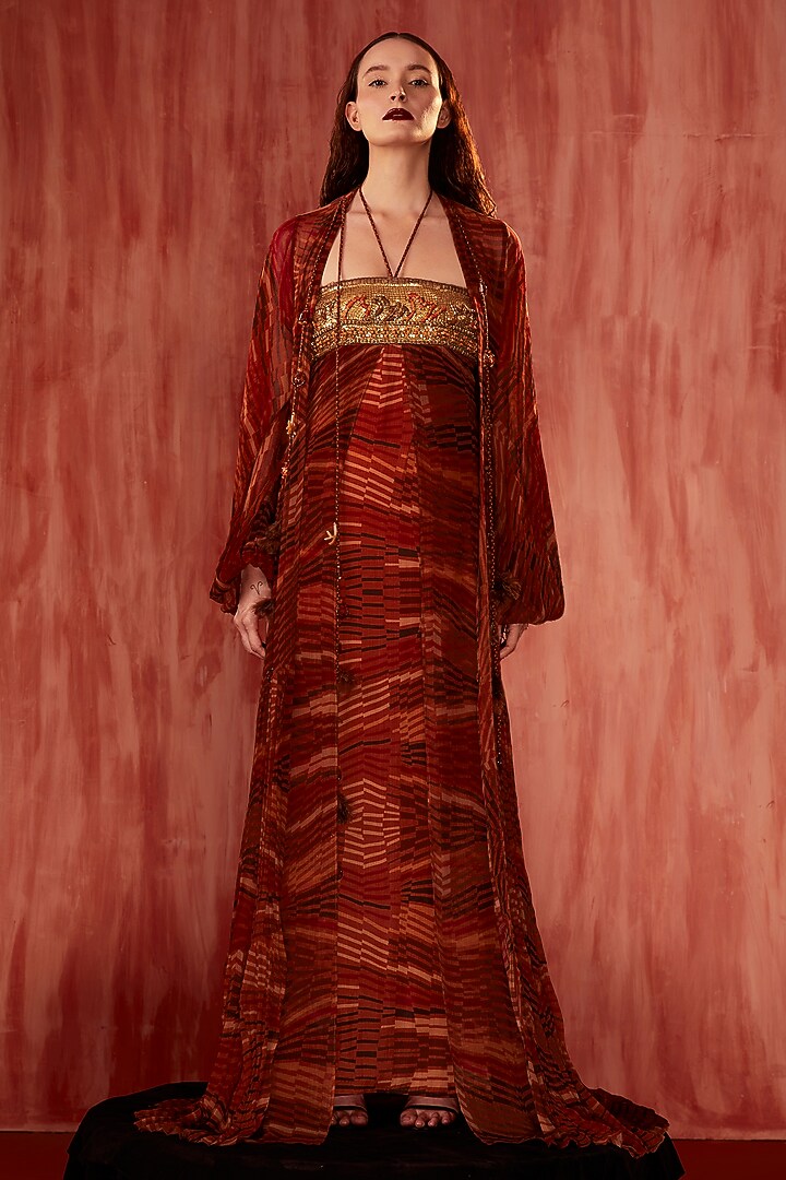 Red Crinkle Pure Chiffon Digital Printed Jacket by Nikita Mhaisalkar at Pernia's Pop Up Shop