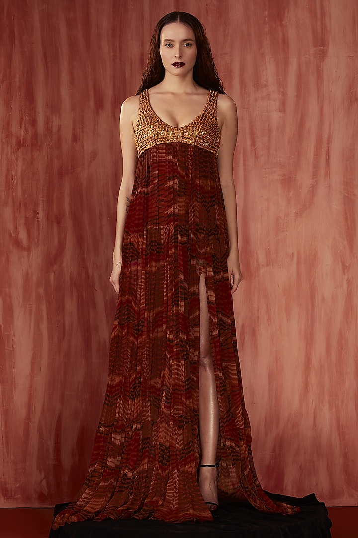 Red Crinkle Pure Chiffon Digital Printed & Hand Embroidered Maxi Dress by Nikita Mhaisalkar at Pernia's Pop Up Shop