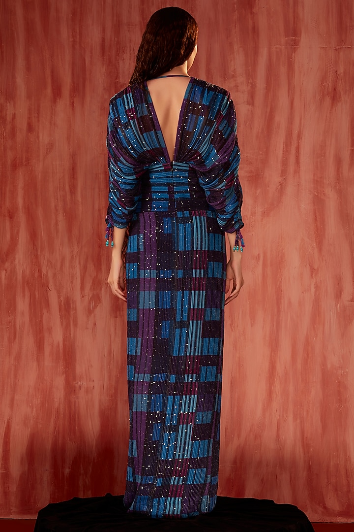 Blue Sequins Pure Georgette Digital Printed Maxi Slit Party Wear Dress by Nikita Mhaisalkar at Pernia's Pop Up Shop