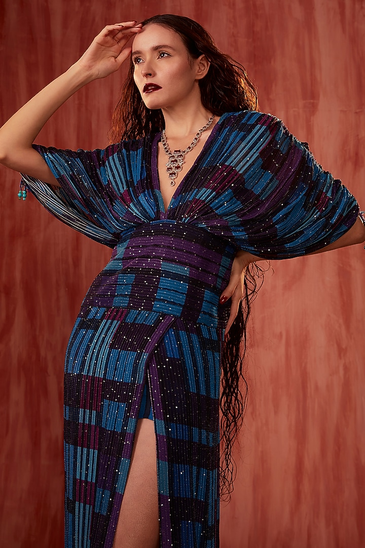 Blue Sequins Pure Georgette Digital Printed Maxi Slit Party Wear Dress by Nikita Mhaisalkar at Pernia's Pop Up Shop
