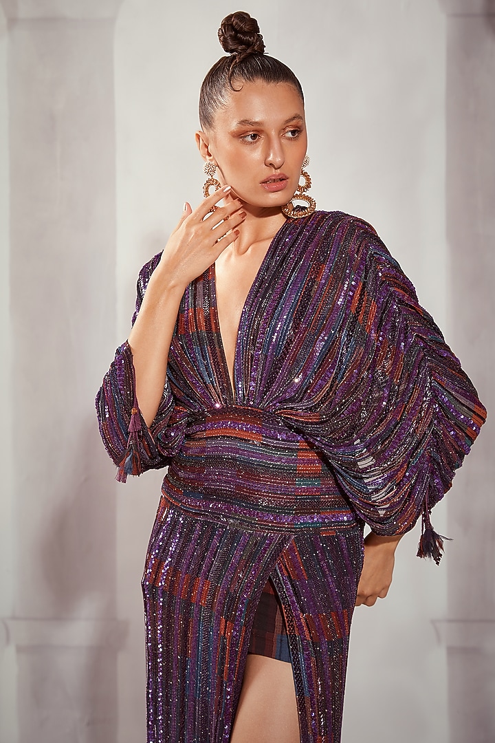 Multi-Colored Sequins Pure Georgette Digital Printed Maxi Slit Party Wear Dress by Nikita Mhaisalkar at Pernia's Pop Up Shop