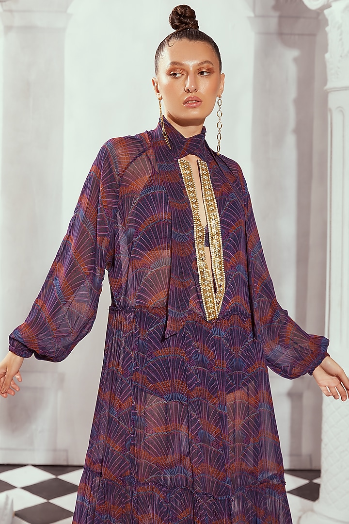 Multi-Colored Georgette Digital Printed & Hand Embroidered Maxi Cocktail Dress by Nikita Mhaisalkar at Pernia's Pop Up Shop