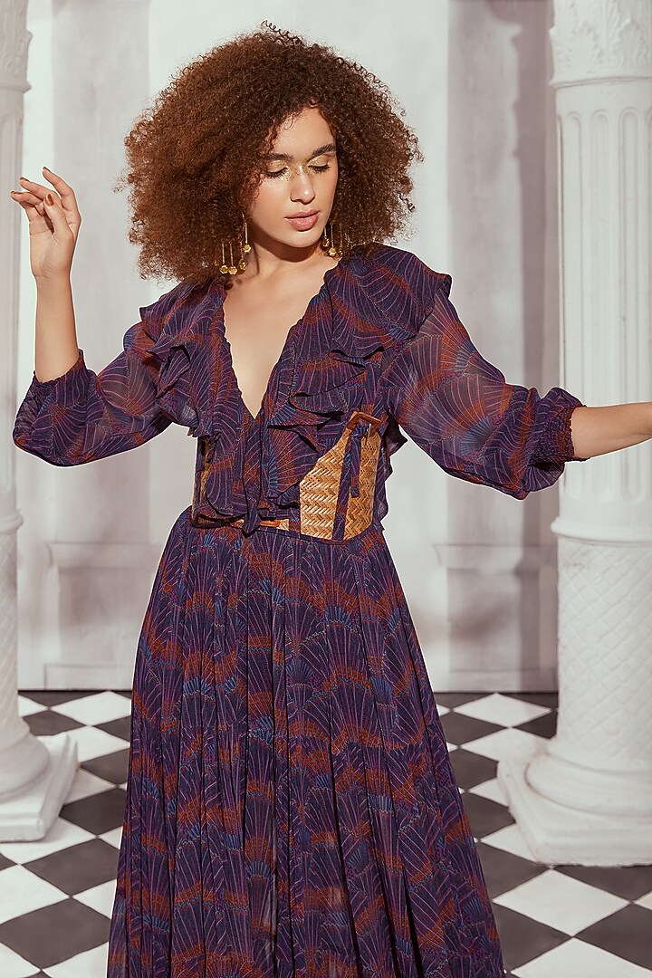Multi-Colored Georgette Digital Printed Maxi Party Wear Dress With Girdle by Nikita Mhaisalkar at Pernia's Pop Up Shop