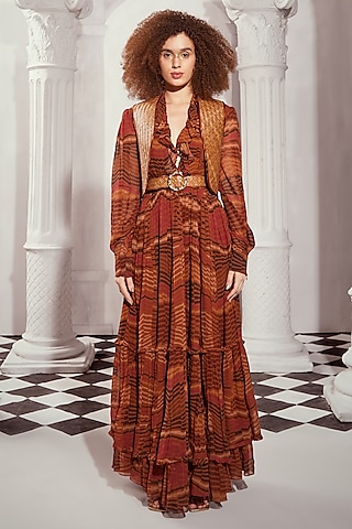 Orange Georgette Digital Printed Maxi Dress by Nikita Mhaisalkar