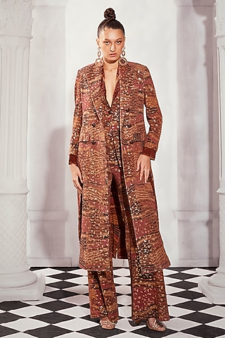Orange Sheeted Pure Georgette Digital Printed Trench Coat Set by Nikita Mhaisalkar